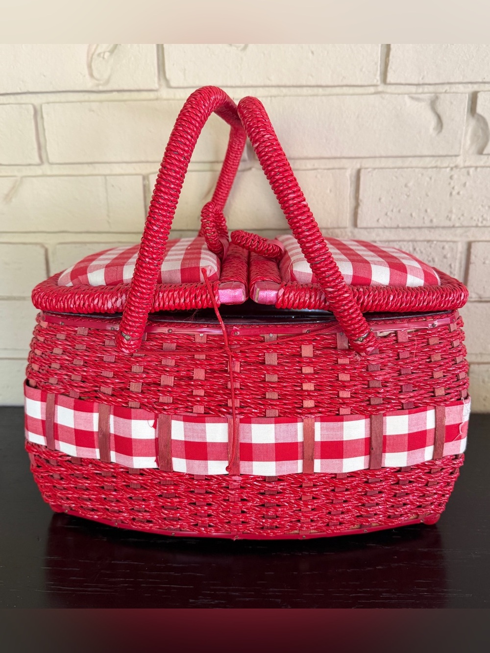 VTG JC Penney Sewing Box Caddy Basket Red Gingham Cottage Core Japan MCM Picnic
